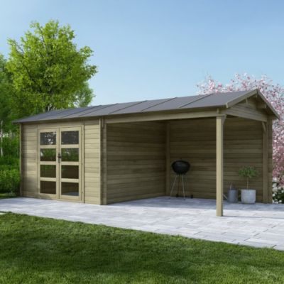 Abri de jardin en bois - 17.4m2 - 5.79x3m - Traité - Ep. 28mm - Couleur: vert - DOM718