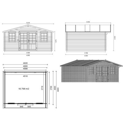 Abri de jardin en bois - 19.2m2 - 4.8x4m - Ep. 40mm - Couleur: naturel - DOM370