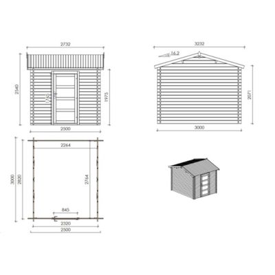 Abri de jardin en bois - 2.5x3 m avec extension de 4x2.76 m - 18.56 m²- Traité - DOM675+DOS194