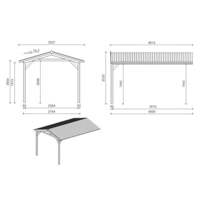 Abri de jardin en bois - 2.5x3 m avec extension de 4x2.76 m - 18.56 m²- Traité - DOM675+DOS194
