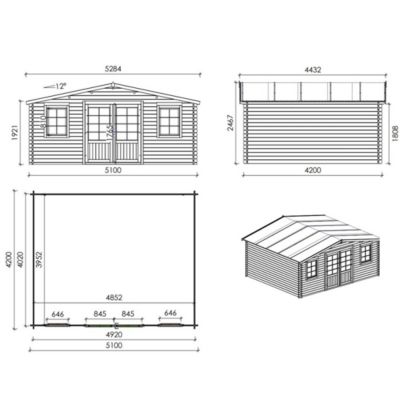 Abri de jardin en bois - 21.42m2 - 5.1x4.2m - Ep. 34mm - Couleur: naturel - DOM746