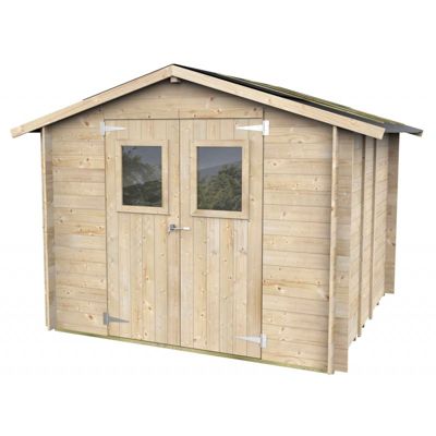 Abri de jardin en bois, 248 x 248 cm, parois de 19 mm, double porte en plexiglas, sapin naturel.
