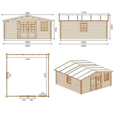 Abri de jardin en bois - 25m2 - 5x5m - Ep. 28mm - Couleur: naturel - DOM591