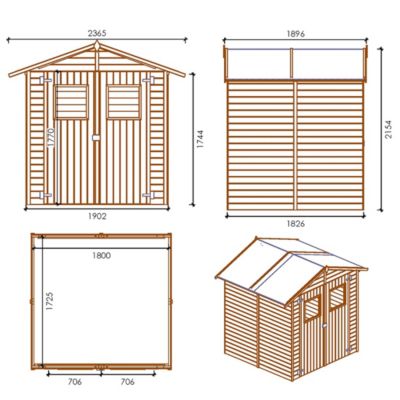 Abri de jardin en bois 3.46 m2 - 1.9x1.82 m - traité - Couleur: vert - DOM218