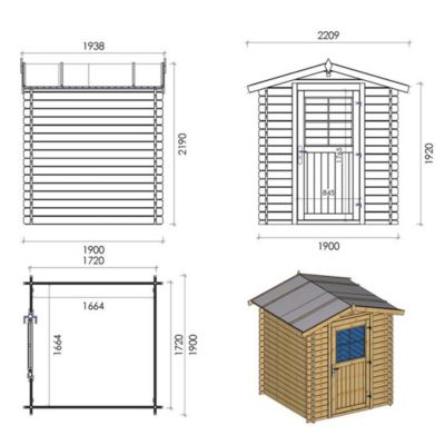 Abri de jardin en bois - 3.61m2 - 1.9x1.9m - Ep. 28mm - Couleur: naturel - DOM593