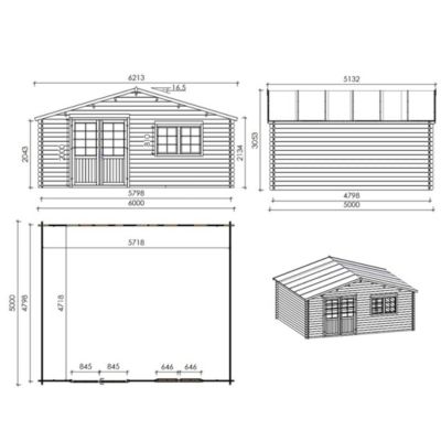 Abri de jardin en bois - 30m2 - 6x5m - Ep. 40mm - Couleur: naturel - DOM747