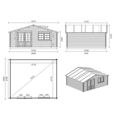 Abri de jardin en bois - 30m2 - 6x5m - Ep. 40mm - Couleur: naturel - DOM748