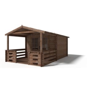 Abri de jardin en bois - 3x3 m - 15 m2 + terrasse avec balustrade et avant-toit en bois - Traité - DOM427+DOM146+DOM147+POD05