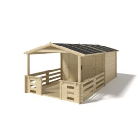 Abri de jardin en bois - 3x3 m - 18 m2 + terrasse avec balustrade et avant-toit en bois - DOM531+DOM394+DOM395+POD04