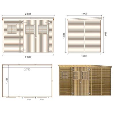 Abri de jardin en bois 4.86 m2 - 2.7x1.8 m - Couleur: naturel - DOM421