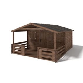 Abri de jardin en bois - 4x3 m - 20 m2 + terrasse avec balustrade et avant-toit en bois - Traité - DOM418+DOM78+DOM79+POD05