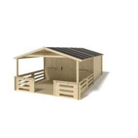 Abri de jardin en bois - 4x3 m - 24 m2 + terrasse avec balustrade et avant-toit en bois - DOM337+DOM392+DOM393+POD04