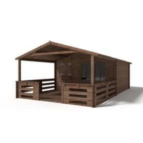 Abri de jardin en bois - 4x3 m - 24 m2 + terrasse avec balustrade et avant-toit en bois - Traité - DOM595+DOM541+DOM542+POD05