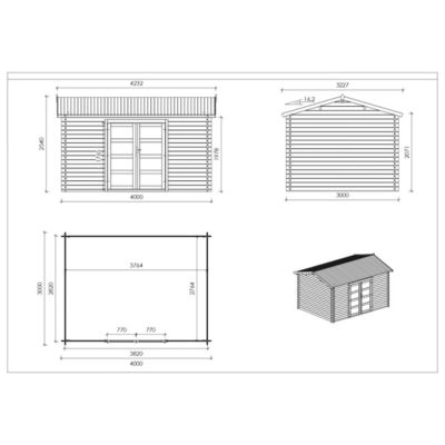 Abri de jardin en bois - 4x3 m avec extension de 4x2.76 m - 23.06 m²- Traité - DOM677+DOS194