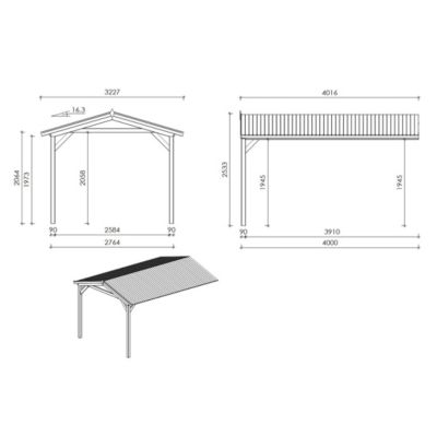 Abri de jardin en bois - 4x3 m avec extension de 4x2.76 m - 23.06 m²- Traité - DOM677+DOS194