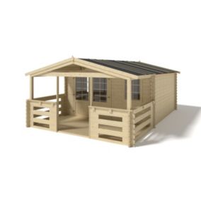 Abri de jardin en bois - 4x4 m - 24 m2 + terrasse avec balustrade et avant-toit en bois - DOM371+DOM617+DOM545+POD04