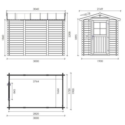 Abri de jardin en bois - 5.7m2 - 1.9x3m - Ep. 28mm - Couleur: naturel - DOM662
