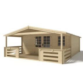 Abri de jardin en bois - 5x5 m - 35 m2 + terrasse avec balustrade et avant-toit en bois - DOM591+DOM600+DOM601+POD04