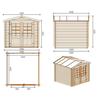 Abri de jardin en bois - 6.25m2 - 2.5x2.5m - Ep. 28mm - Couleur: naturel - DOM521