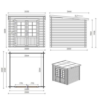 Abri de jardin en bois - 6.25m2 - 2.5x2.5m - Traité - Ep. 28mm - Couleur: vert - DOM724
