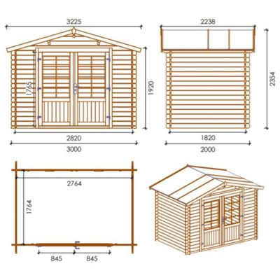 Abri de jardin en bois - 6m2 - 3x2m - Ep. 28mm - Couleur: naturel - DOM420