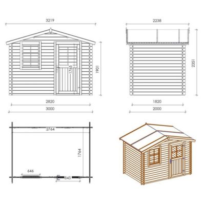 Abri de jardin en bois - 6m2 - 3x2m - Ep. 28mm - Couleur: naturel - DOM472