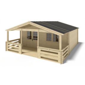 Abri de jardin en bois - 6x5 m - 42 m2 + terrasse avec balustrade et avant-toit en bois - DOM599+DOM553+DOM555+POD04