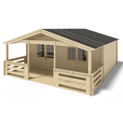 Abri de jardin en bois - 6x5 m + terrasse avec balustrade et avant-toit en bois - 42 m2 - DOM747+DOM553+DOM555+POD04