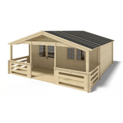 Abri de jardin en bois - 6x5 m + terrasse avec balustrade et avant-toit en bois - 42 m2 - DOM747+DOM553+DOM555+POD04