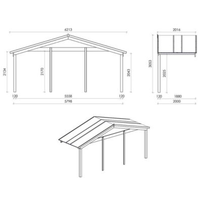 Abri de jardin en bois - 6x5 m + terrasse avec balustrade et avant-toit en bois - 42 m2 - DOM747+DOM553+DOM555+POD04