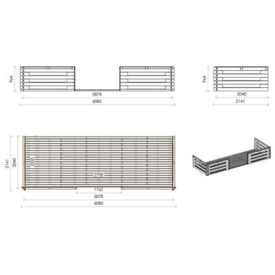 Abri de jardin en bois - 6x5 m + terrasse avec balustrade et avant-toit en bois - 42 m2 - DOM747+DOM553+DOM555+POD04
