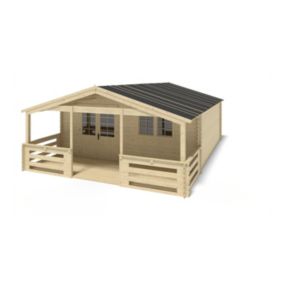 Abri de jardin en bois - 6x6 m - 48 m2 + terrasse avec balustrade et avant-toit en bois - DOM610+DOM553+DOM555+POD04