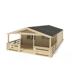 Abri de jardin en bois - 6x6 m - 54 m2 + terrasse avec balustrade et avant-toit en bois - DOM610+DOM556+DOM558+POD04