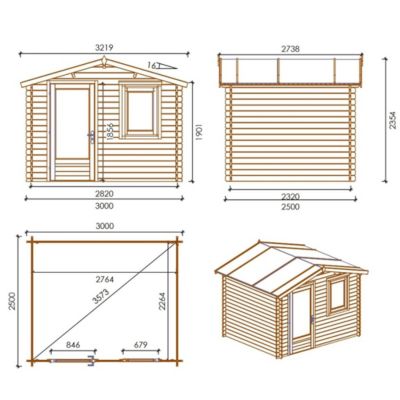 Abri de jardin en bois - 7.5m2 - 3x2.5m - Ep. 28mm - Couleur: naturel - DOM755