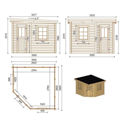 Abri de jardin en bois - 8m2 - 3x3m - Ep. 28mm - Couleur: naturel - DOM665