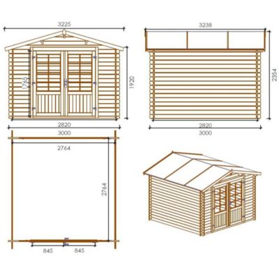 Abri de jardin en bois - 9m2 - 3x3m - Traité - Ep. 28mm - Couleur: marron - DOM427