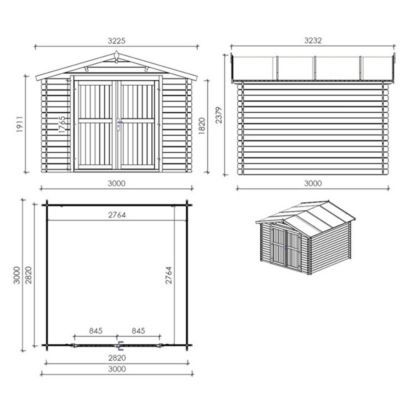 Abri de jardin en bois - 9m2 - 3x3m - Traité - Ep. 28mm - Couleur: vert - DOM458