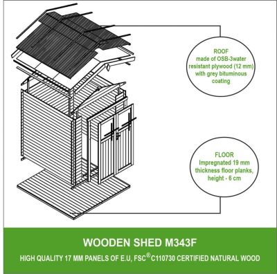 Abri de jardin en bois AVEC SOL TRAITÉ porte verrouillable de haute qualité -  3.53 m2 - TIMBELA M343F+M343G