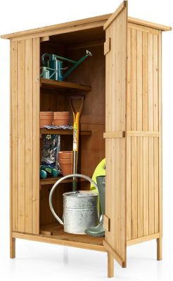 Abri de Jardin en Bois avec Toit Incliné en Asphalte, 3 Étagères, 5 Crochets et Portes Verrouillables