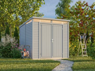 Abri de jardin en bois Elias - PALMAKO - 5,6 m² - 221 x 228 cm - Bois peint gris - Toit plat incliné avec bandeau vitré
