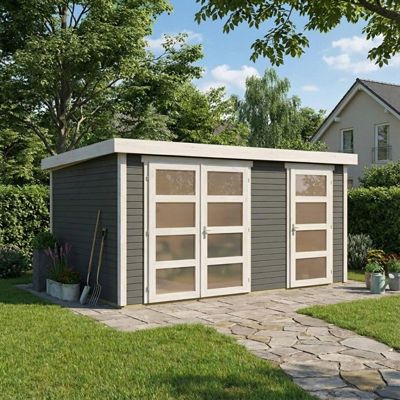 Abri de jardin en bois massif 10,98 m², avec cloison intérieure et toit monopente Karibu Mühlentrup 2 gris