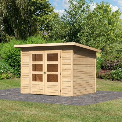 Abri de jardin en bois massif épicéa 19mm 4,57m² Karibu Stockach 3, double porte vitrée, toit plat, naturel