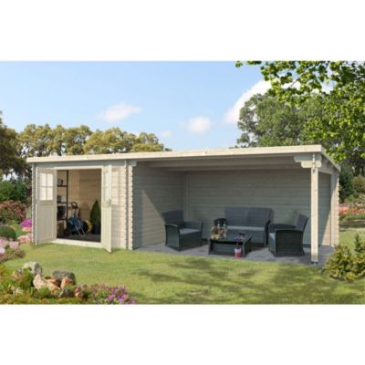Abri de jardin en bois mono pente de 7,5m² avec auvent de 11m²