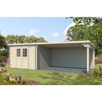 Abri de jardin en bois mono pente de 7,5m² avec auvent de 11m²