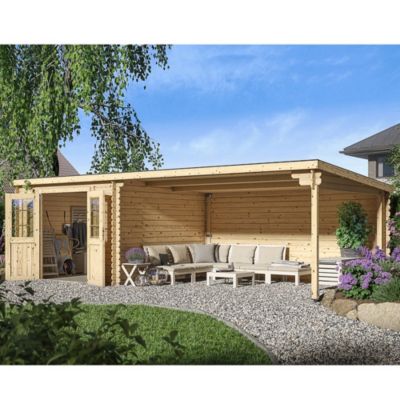 Abri de jardin en bois mono pente de 7,5m² avec auvent de 11m²