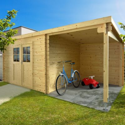 Abri de jardin en bois mono pente de 7,5m² et auvent de 5,5m²