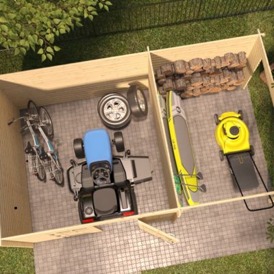 Abri de jardin en bois mono pente de 7,5m² et auvent de 5,5m²