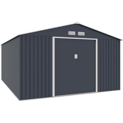 Abri de jardin en métal 15,16 m - 340 x 446 x 210 - SATURNE - Kit d'ancrage inclus, 2 portes coulissantes - Gris