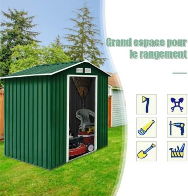 Abri de Jardin en Métal 3 m2 avec Base et Portes Coulissantes Rangement à Outils 213 x 127 x 185 cm Vert