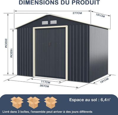 Abri de Jardin en Métal 5 m2 avec Portes Coulissantes Cabane de Rangement à Outils 203 x 117 x 195cm Gris